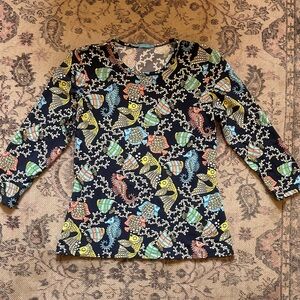 J. McLaughlin S. Top.  Navy with Multicolor Fish Pattern